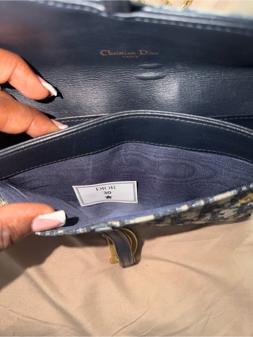 Dior Blue Oblique Canvas Saddle-Style Crossbody with Gold Chain - Picture 5 of 8